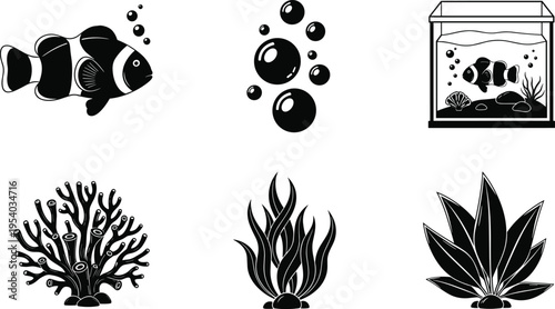 Collection of aquarium and marine elements including fish bubbles coral plants and tank vector set isolated on white background