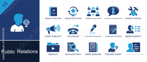 Public relations icon set. Containing brand guide, media contact, media kit, headline, monitoring, follow up, publicity, podcast guest, damage control and more. Solid fill vector icons.
