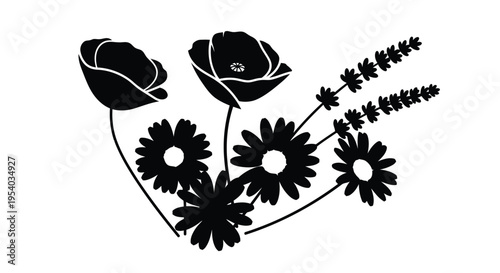 A delicate bouquet of flowers with various petals and leaves in a symmetrical arrangement