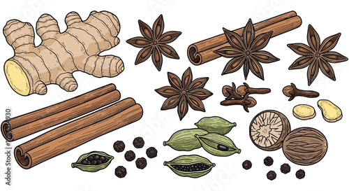 Aromatic Assortment of Spices Cinnamon, Star Anise, Cardamom, Ginger, and Nutmeg with Peppercorns and Cloves