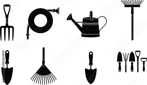 Collection of gardening tool silhouettes including rake fork trowel watering can and hose, landscaping and agriculture equipment icon set