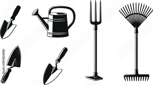 Collection of gardening tool silhouettes including rake fork trowel and watering can, landscaping and agriculture equipment icon set