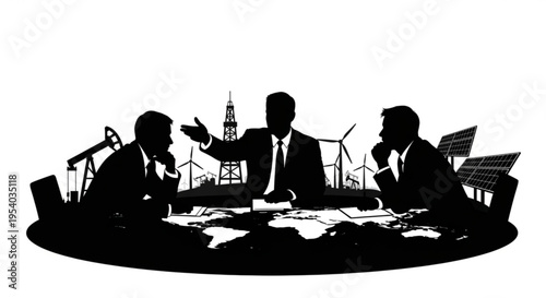 A black silhouette illustration of three businessmen in a meeting with a world map and renewable energy infrastructure in the background