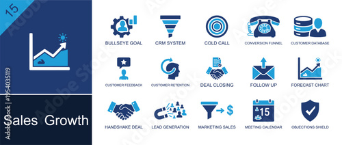 Sales growth icon set. Containing CRM, cold call, sales funnel, customer data, deal closing, lead generation, sales chart, follow up, handshake deal and more. Solid fill vector icons.