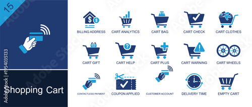 Shopping cart icon set. Containing billing address, cart analytics, cart bag, cart check, cart gift, cart help, coupon applied, delivery time, empty cart and more. Solid fill vector icons.