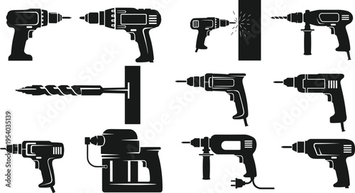 Collection of power drill silhouettes including electric cordless drills and hammer drills, industrial drilling machines for construction equipment icon set