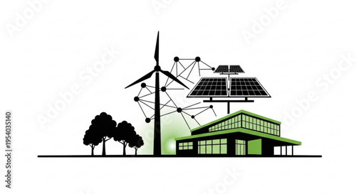 A modern green building with solar panels and a wind turbine on a white background representing renewable energy and sustainability