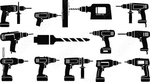 Collection of power drill silhouettes including electric cordless drills and hammer drills, industrial drilling machines for construction equipment icon set