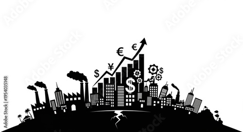 A black and white vector graphic illustration of a city skyline with currency symbols and industrial icons on a white background