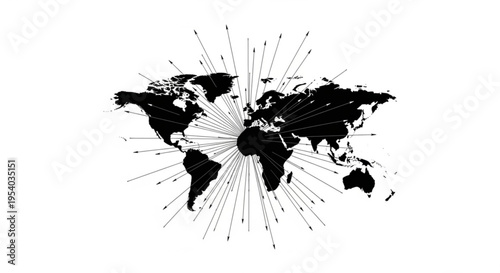 A black vector graphic illustration of a world map with lines radiating outward from the center on a white background
