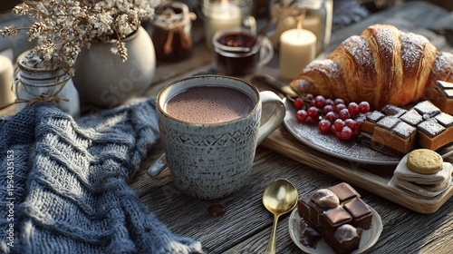 Morning meals with hot drinks and sweet treats.