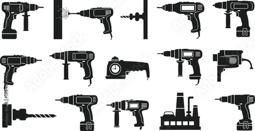 Collection of power drill silhouettes including electric cordless drills and industrial drilling machines, construction equipment and workshop tool icon set