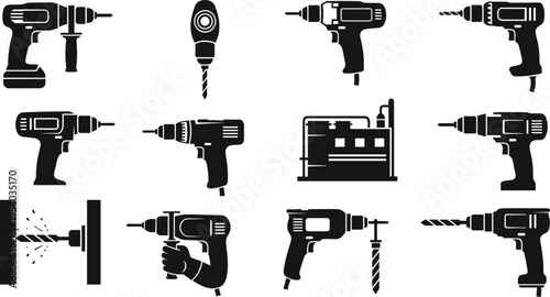 Collection of power drill silhouettes including electric cordless drills and industrial drilling machines, construction equipment and workshop tool icon set