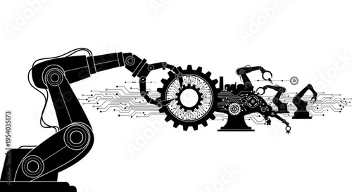 A black and white vector illustration of robotic arms working together to assemble a large gear with circuit board patterns