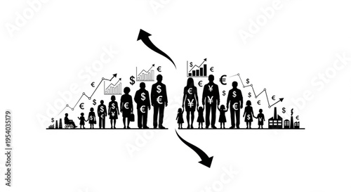 A vector graphic illustration of people silhouettes with currency symbols and financial graphs on a white background representing economic inequality
