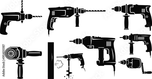 Collection of power drill silhouettes including electric cordless drills, hammer drills and industrial drilling machines for construction equipment icon set