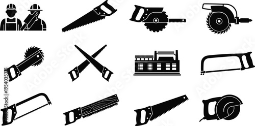 Collection of saw and cutting tool silhouettes including circular saws hand saws and industrial equipment, woodworking construction icon set