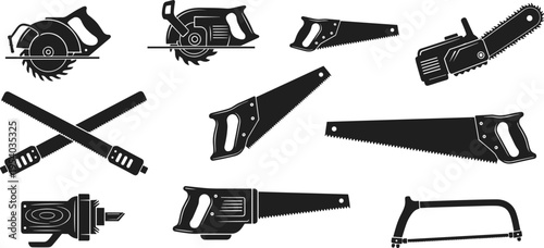 Collection of saw and cutting tool silhouettes including circular saw chainsaw and hand saws, woodworking and construction equipment icons