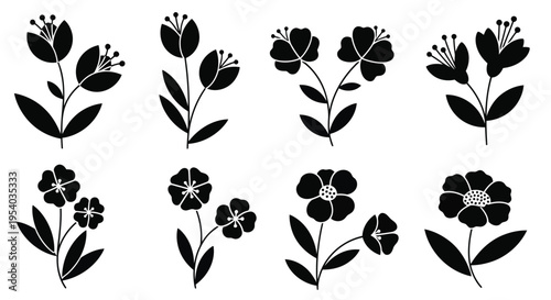 A delightful assortment of twelve charming black and white floral illustrations