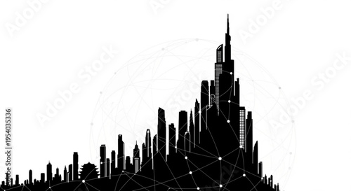 A minimalist black silhouette of a city skyline with a geometric overlay on a white background, featuring a prominent skyscraper and network connections