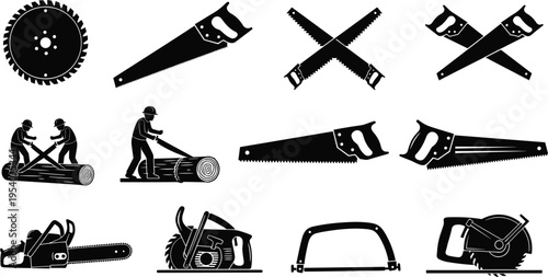 Collection of saw silhouettes including hand saws chainsaw and circular blades, woodworking and construction cutting tools icon set