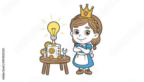 A cartoon princess inventing with a lightbulb and machine