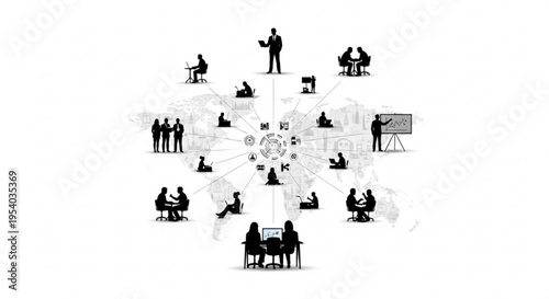 A black and white vector graphic illustration of people in business settings arranged around a central wheel on a world map background