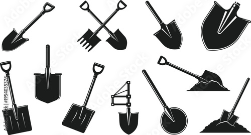 Collection of shovel silhouettes and digging tools, construction and gardening equipment icons, manual spade set for landscaping work