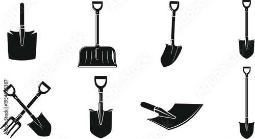 Collection of shovel silhouettes and digging tools, garden spade icons for landscaping construction and agriculture equipment set