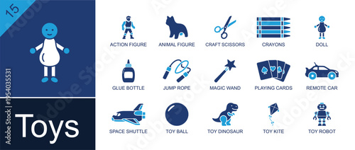 Kids toys icon set. Containing action figure, animal figure, craft scissors, crayons, playing cards, remote car, space shuttle, toy dinosaur, toy robot and more. Solid fill vector icons.