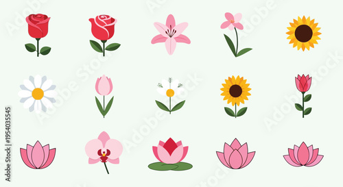 A delightful collection of sixteen floral icons showcasing various flowers and buds