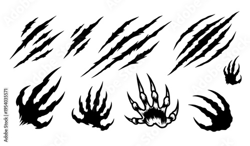 Beast claw marks vector set varied wild scratch slashes jagged hand-drawn attack symbols isolated on white