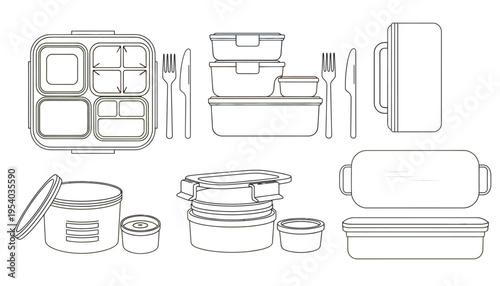 Lunchbox containers and utensils illustration for meal prep and packaging