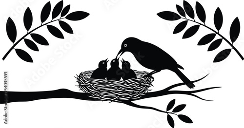 Mother bird feeding chicks in nest on branch, nature wildlife silhouette vector illustration isolated on white background for design