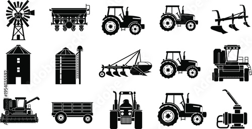 Minimalist black silhouette icons of farming equipment and agricultural machinery including tractors, plows, silos, windmill, harvesters, and trailers for agriculture industry design 