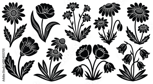 A delightful collection of various flowers and plants in a charming black and white illustration