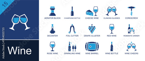 Wine icon set. Containing champagne bottle, clinking glasses, corkscrew, decanter, grape cluster, red wine, rose wine, sparkling wine, wine barrel and more. Solid fill vector icons.