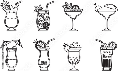 Illustrations of eight different cocktails with straws and garnishes Vector