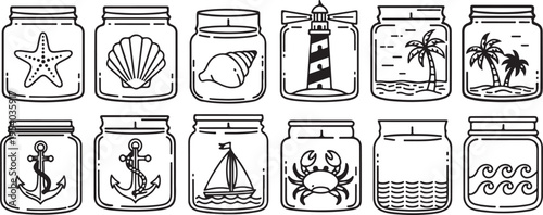 Assorted jars with nautical and beach-themed illustrations and drawings Vector