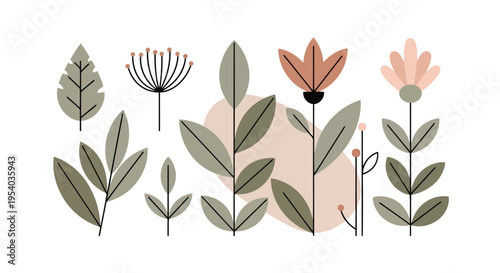 A delightful illustration of various flowers and leaves in a charming arrangement