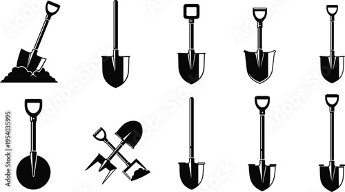 Set of shovel silhouettes showing digging tools, spade variations for gardening, construction and agriculture equipment icon collection