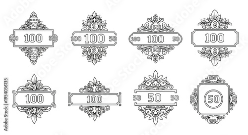 Vintage style ornate frames featuring numbers and floral embellishments in black and white