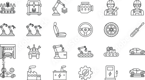 Automotive manufacturing and industrial automation vector icon collection featuring robotic arms assembly lines car production and factory engineering symbols.