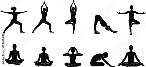 Yoga poses silhouettes collection featuring meditation stretching and balance exercises isolated on white background fitness wellness healthy lifestyle vector illustration set