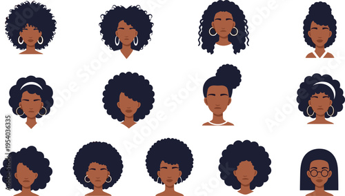 African afro hairstyles collection with natural curly hair styles diverse female portraits vector illustration
