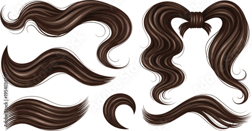 Brown flowing hair strands and ponytail set with glossy wavy curls realistic texture vector elements for beauty design