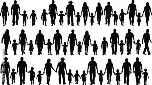 Family silhouettes walking together holding hands, parents with children collection, happy family lifestyle concept, unity and togetherness illustration isolated on white background