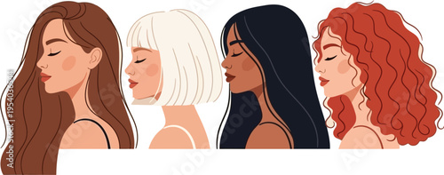 A diverse collection of four women depicted in a flat illustrative style each with unique hair and skin tones high quality