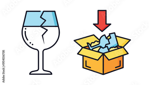 A broken wine glass vector illustration with pieces in a box