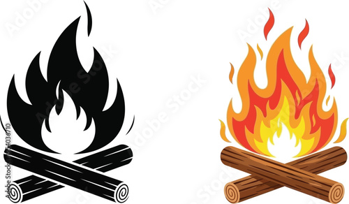 a visual comparison of a campfire depicted in both a stark black silhouette and a vibrant colorful illustration is presented